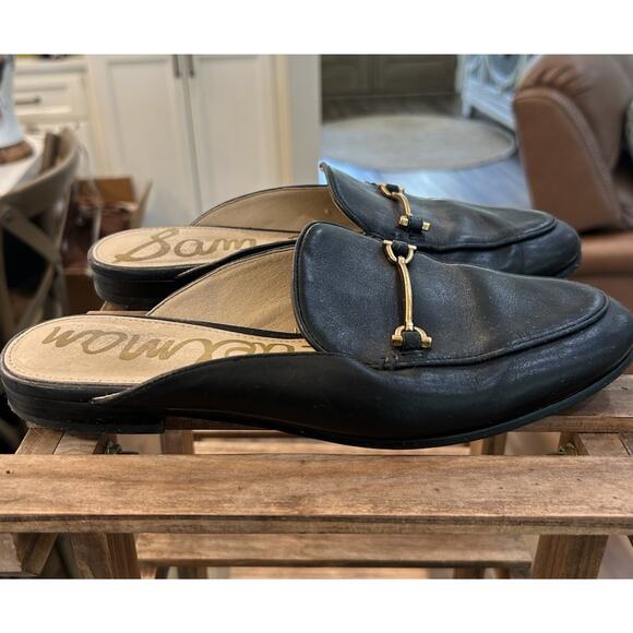 SAM EDELMAN LOUNETTE Size 6.5M Black Leather Mules Toe Gold Horsebit Flats Shoes - Picture 3 of 9